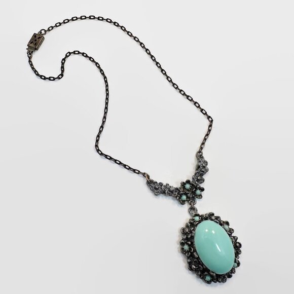 Art Deco Necklace, Robins Egg Blue, Pot Metal, Mixed Metal, Flowers, Box Clasp - Picture 6 of 8